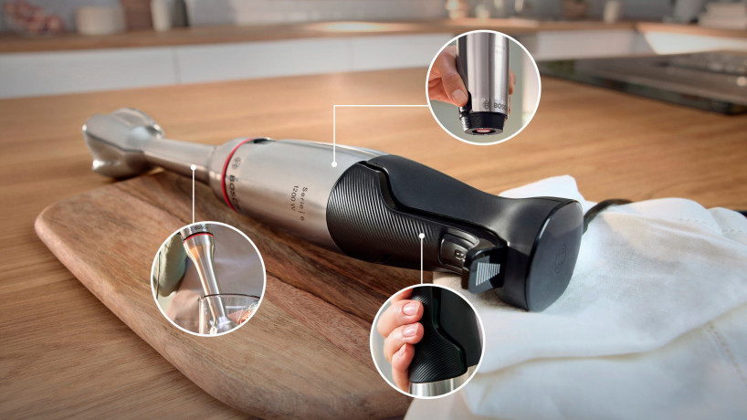 BOSCH BOSCH Stabmixer ErgoMaster Serie 6, MSM6M810, 1200 W, Edelstahl-Mixstab, Mix-/Messbecher, Edelstahl/schwarz  Ручной блендер BOSCH ErgoMaster Series 6, MSM6M810, 1200 Вт, палочка для смешивания из нержавеющей стали, чашка для смешивания/мерный стакан