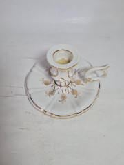 Подсвечник винтажный Bavaria c основанием в виде блюдца и ручкой, золотистый декор, фарфор, 13 см, Германия, 1960-70гг.