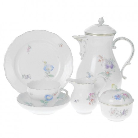 Meissen Meissen  'Neuer Ausschnitt - Blume 2 seitlich leichte Manier gestreut bunt mit Goldrand' Kaffeeservice 6 Personen 21-tlg. Мейсен "Новый срез - цветок 2 стороны светлый манер разбросаны красочные с золотым ободком" кофейный сервиз 6 персон 21 шт.