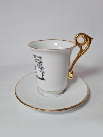 Volkstedt Thuringer Кофейная чашка с блюдцем "Фридрих Великий", белый фарфор с чёрным рисунком ручной работы, 10,5см x 10см, Германия, 1960-70гг.