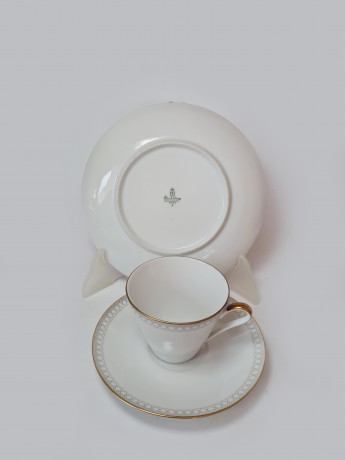 Winterling Kirchenlamitz Bavaria Чайное трио фарфоровое с серым геометрическим рисунком и позолоченным ободком, Германия, 1960-70гг.