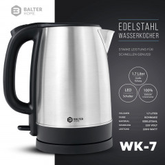 Balter Balter Wasserkocher WK-7, 1,7 Liter, Edelstahl, 2200 Watt, kabellos, Teekocher  Чайник Balter WK-7, 1,7 л, нержавеющая сталь, 2200 Вт, беспроводной, чайник