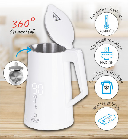 JUNG JUNG Wasserkocher ADLER AD1345W Wasserkocher mit Temperatureinstellung Digital kettle, 1.7 l, 2200 W, LED Touch Display Digital, 2200W, Edelstahl Kocher Cool Touch Kettle  Чайник JUNG Чайник ADLER AD1345W с регулировкой температуры Цифровой чайник, 1