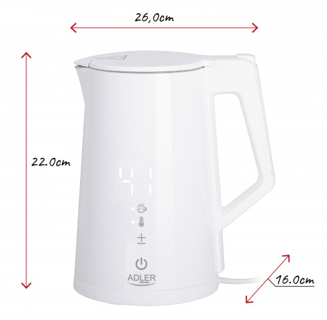 JUNG JUNG Wasserkocher ADLER AD1345W Wasserkocher mit Temperatureinstellung Digital kettle, 1.7 l, 2200 W, LED Touch Display Digital, 2200W, Edelstahl Kocher Cool Touch Kettle  Чайник JUNG Чайник ADLER AD1345W с регулировкой температуры Цифровой чайник, 1