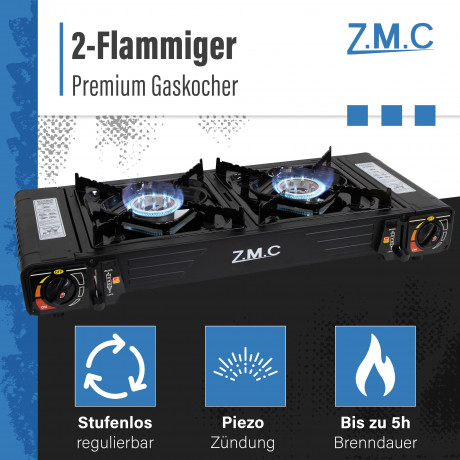 ZMC ZMC Gaskocher PREMIUM 2 Flammig Campingkocher Outdoor Gaskocher + 8x Gaskartuschen, (Doppel Kartuschenkocher Gasherd Kochfeld mit Piezozundung Warmeleistung: 2,0KW), Butan Gas 227g Gaskocher Outdoor Camping Gas Kocher Herd Butangas  Газовая плита ZMC 