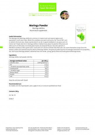 Krauterhaus Sanct Bernhardt Moringa Powder, 500 г