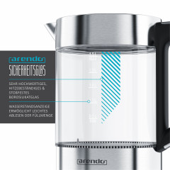 Arendo Arendo Wasserkocher, 1,5 l, 2200 W, Edelstahl Glas mit Basisstation, Temperatureinstellung 70° 100° C Чайник Arendo, 1,5 л, 2200 Вт, стекло нержавеющая сталь, с подставкой, регулировка температуры 70° 100° C
