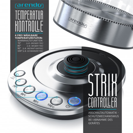 Arendo Arendo Wasserkocher, 1,5 l, 2200 W, Edelstahl  Glas mit Basisstation, Temperatureinstellung 70° 100° C  Чайник Arendo, 1,5 л, 2200 Вт, стекло нержавеющая сталь, с подставкой, регулировка температуры 70° 100° C