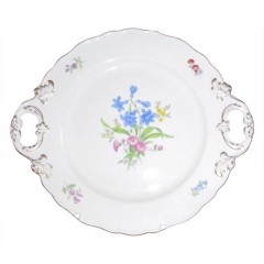 Meissen Meissen  'Neuer Ausschnitt - Blume 3 mitte bunt mit Goldrand' Platte mit 2 Henkeln 30 cm Мейсен "новая огранка - цветок 3 центр разноцветный с золотым ободком" тарелка с 2 ручками 30 см