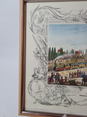 Картина винтажная "Первая железная дорога Германии", Нюрнберг-Фюрт, 7 декабря 1835 г., в деревянной рамке, 31,5 x 26 x 2 см, Германия, 1960-70гг.