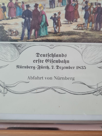 Картина винтажная "Первая железная дорога Германии", Нюрнберг-Фюрт, 7 декабря 1835 г., в деревянной рамке, 31,5 x 26 x 2 см, Германия, 1960-70гг.