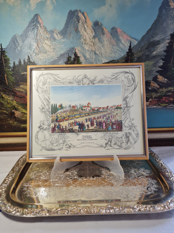 Картина винтажная "Первая железная дорога Германии", Нюрнберг-Фюрт, 7 декабря 1835 г., в деревянной рамке, 31,5 x 26 x 2 см, Германия, 1960-70гг.