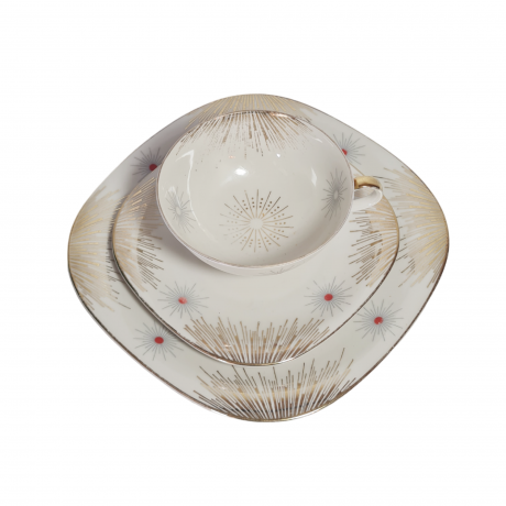 Чайное трио винтажное Wunsiedel Bavaria / Claudia с золотым декором в виде лучей, фарфор, Германия, 1960-70гг.