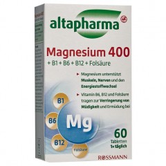 altapharma Magnesium 400 + B1, B6, B12 &amp; Folsaure Таблетки Магний 400 + В1, В6, В12 и Фолиевая кислота Поддерживает энергитический обмен и мышцы 54 г