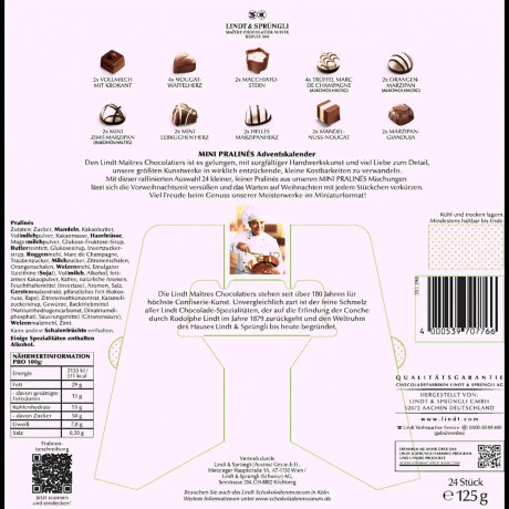 Lindt Mini Pralines 2025 Advent Calendar, Линдт Адвент-календарь, 24 сладких сюрприза, 125 грамм