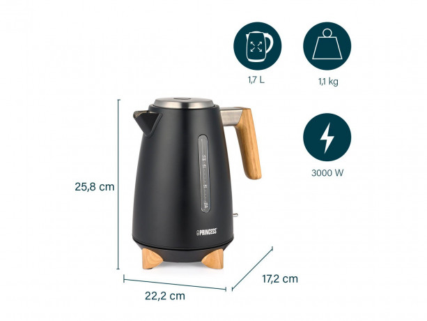 PRINCESS PRINCESS Wasserkocher, 1.7 l, 3000 W, elektrischer Heisswasserbereiter kabellos schnell leise, Bambus Akzente Чайник PRINCESS, 1,7 л, 3000 Вт, электронагреватель, беспроводной, быстрый, тихий, бамбуковые акценты