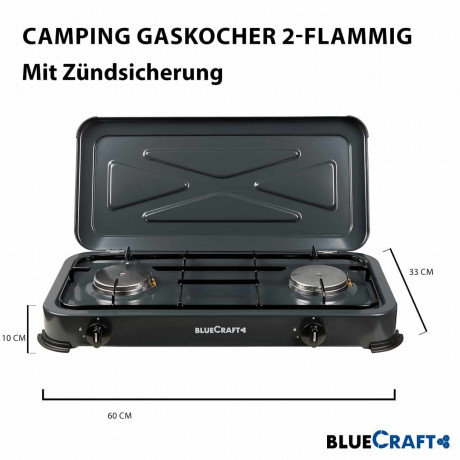 BlueCraft BlueCraft Gaskocher, (Gas-Kochfeld 2 flammen Propangas mit Schlauch Druckminderer Manometer), Campingkocher 2-flammig mit Zundsicherung Gasregler Manometer  Газовая плита BlueCraft (газовая плита, 2 пламени, пропан, шланг, редуктор давления, ман