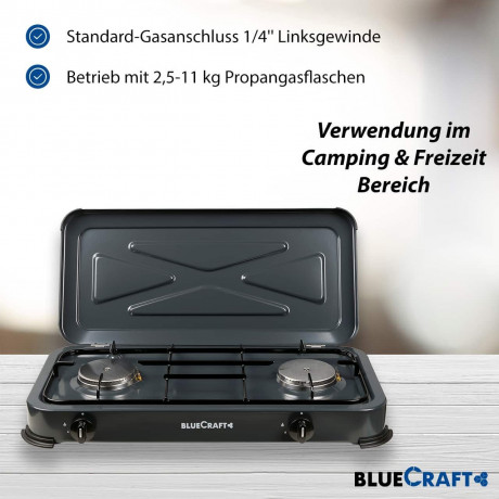 BlueCraft BlueCraft Gaskocher, (Gas-Kochfeld 2 flammen Propangas mit Schlauch Druckminderer Manometer), Campingkocher 2-flammig mit Zundsicherung Gasregler Manometer  Газовая плита BlueCraft (газовая плита, 2 пламени, пропан, шланг, редуктор давления, ман