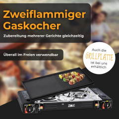 ZMC ZMC Gaskocher 2in1 Campingkocher Grillplatte mit Piezozundung + 4x Gaskartuschen, (2 Flammig Grill Platte Tischgrill Doppel Gasbrenner Gasgrill Kochfeld mit LPG Anschluss Warmeleistung: 2,3KW), Butan Gas 227g Gaskocher Outdoor Camping Gas Kocher Herd 