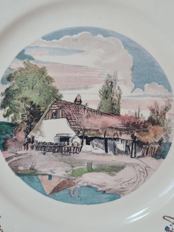 Набор тарелок винтажных Sarreguemines France,  светло-бежевый фарфор с  пейзажами и красочным цветочным декором, 10 штук х 25 x 3 см, Франция, 1960-70гг.