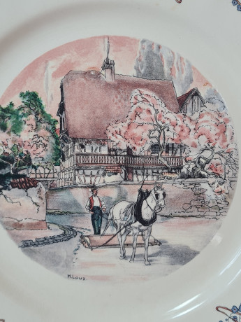 Набор тарелок винтажных Sarreguemines France,  светло-бежевый фарфор с  пейзажами и красочным цветочным декором, 10 штук х 25 x 3 см, Франция, 1960-70гг.