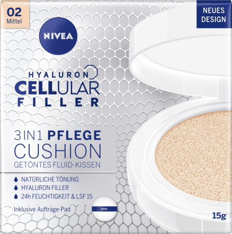 NIVEA Cushion Hyaluron CELLular Filler 3in1 Pflege, Mittel, 15 g Нивея Тонирующий Флюид, оттенок 02 Mittel