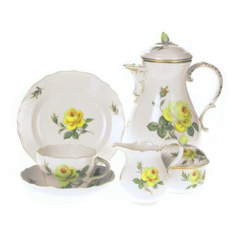 Meissen Meissen Neuer Ausschnitt - Rose mitte gelb mit Goldrand Kaffeeservice 6 Personen 21-tlg. Meissen New Cut - Роза середина желтая с золотым ободком Кофейный сервиз на 6 персон 21 шт.