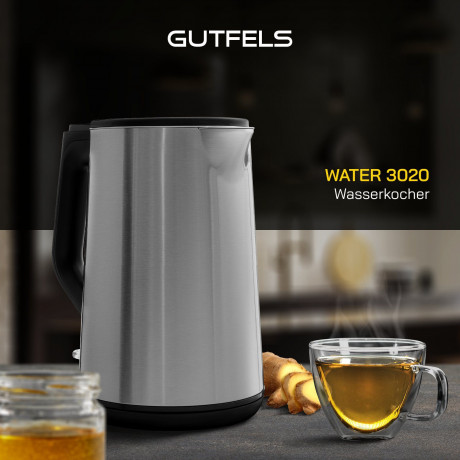 Gutfels Gutfels Wasserkocher WATER 3020, 1.5 l, 2200 W, Doppelwandiges Edelstahl, integrierter Filter, 360° Sockel Чайник Gutfels WATER 3020, 1,5 л, 2200 Вт, нержавеющая сталь с двойными стенками, встроенный фильтр, основание на 360°