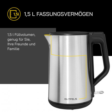 Gutfels Gutfels Wasserkocher WATER 3020, 1.5 l, 2200 W, Doppelwandiges Edelstahl, integrierter Filter, 360° Sockel Чайник Gutfels WATER 3020, 1,5 л, 2200 Вт, нержавеющая сталь с двойными стенками, встроенный фильтр, основание на 360°