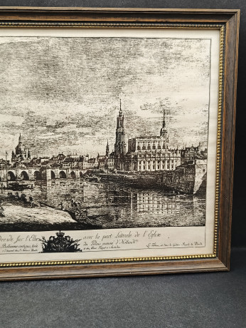 Репродукция гравюры винтажная Dieter Kessel "Перспектива. Дрезденский мост через Эльбу", в раме, под стеклом, 30.5 х 22.5 см, Германия, 1960-70гг.
