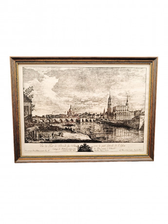 Репродукция гравюры винтажная Dieter Kessel "Перспектива. Дрезденский мост через Эльбу", в раме, под стеклом, 30.5 х 22.5 см, Германия, 1960-70гг.