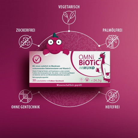 OMNI BIOTIC iMMUND 10stk, Бактерии + витамин D для укрепления иммунитета для детей и взрослых, леденцы с клубничным вкусом, без сахара, 10 шт