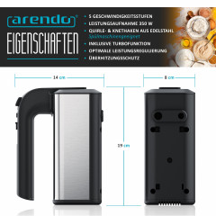 Arendo Arendo Handmixer, 350 W, Handruhrgerat, 5 Geschwindigkeiten, inkl. 2 Ruhrbesen  2 Knethaken  Ручной миксер Arendo, 350 Вт, ручной миксер, 5 скоростей, включая 2 венчика и 2 насадки для теста