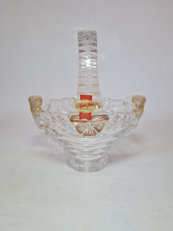 Корзина хрустальная винтажная Anna Hutte с позолоченным узором, 15,5 x 11 x 19 см, Германия, 1960-70гг.