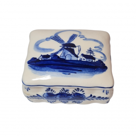 Шкатулка винтажная Delft Blue, дельфтский фарфор с рисунком в синих тонах "Мельница", 10,5 x 8,5 x 5,5 см, Голландия, 1960-70гг.