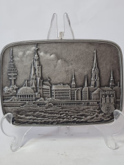 Декоративное панно винтажное Buderus, Modell Mootz, металлическое панно с объемным рельефным изображением г.Гамбург, 17 x 12 см, Германия, 1980г.