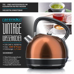 Arendo Arendo Wasserkocher, 1,7 l, 2200 W, Edelstahl Retro Style Vintage, Uberhitzung Trockenkochschutz, kupfer Чайник Arendo, 1,7 л, 2200 Вт, нержавеющая сталь, ретро-стиль, винтаж, защита от перегрева, защита от выкипания, медь