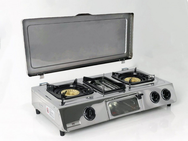 NJ The right choice NJ The right choice Gaskocher GC-87C, (Gasgrill Campingkocher, Edelstahl Gaskocher mit Deckel), LPG Gaskocher 3 flammig / Kochfelder mit Grill mit Deckel  Газовая плита NJ Правильный выбор GC-87C, (походная газовая плита-гриль, газовая