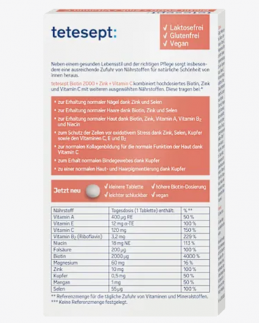 tetesept Biotin 2000 Tabletten 30 St, Комплекс с биотином, цинком и витамином С для здоровья кожи, волос и ногтей, 30шт
