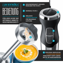 Arendo Arendo Stabmixer, 1000 W, Set, Edelstahl, vierflugeliges Messer, Purierstab, 600 ml Messbecher  Ручной блендер Arendo, 1000 Вт, набор, нержавеющая сталь, нож с четырьмя лезвиями, палочка для очистки, мерный стакан 600 мл.