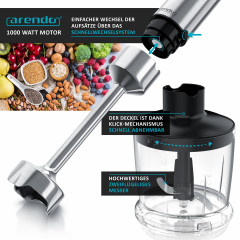 Arendo Arendo Stabmixer, 1000 W, Set, Edelstahl, vierflugeliges Messer, Purierstab, 600 ml Messbecher  Ручной блендер Arendo, 1000 Вт, набор, нержавеющая сталь, нож с четырьмя лезвиями, палочка для очистки, мерный стакан 600 мл.