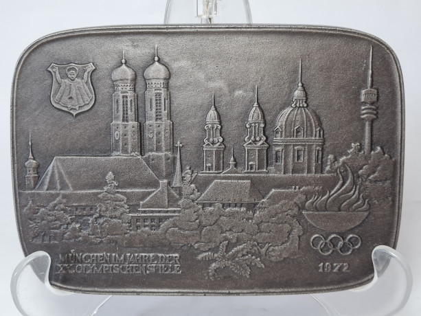 Декоративное панно винтажное Buderus, Modell Mootz, металлическое панно с объемным рельефным изображением г.Мюнхена в год XX Олимпийских игр, 17 x 12 см, Германия, 1974гг.