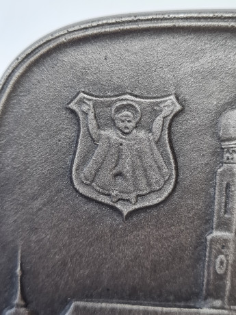 Декоративное панно винтажное Buderus, Modell Mootz, металлическое панно с объемным рельефным изображением г.Мюнхена в год XX Олимпийских игр, 17 x 12 см, Германия, 1974гг.