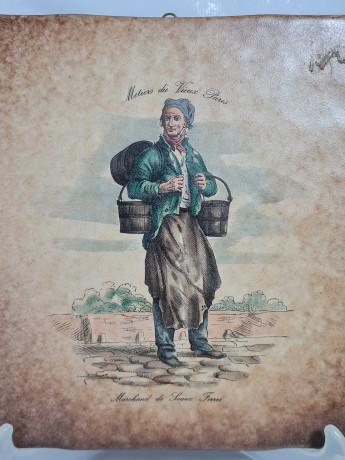 Керамическая винтажная картина "Окрестности Парижа. Торговец ведрами", 20 x 20 см, Италия, 1960-1970гг.