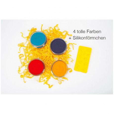 KNETA Vegane Spielknete Gelb Set (4x125g) mit Silikonformchen Желтый набор веганского теста для лепки (4x125 г) с силиконовыми формами