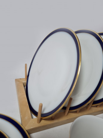 Hutschenreuther Arzberg Bavaria Винтажный кофейный набор на 4 персоны, белый фарфор с синим ободком и позолотой, Германия, 1960-70гг.