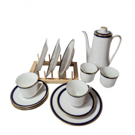 Hutschenreuther Arzberg Bavaria Винтажный кофейный набор на 4 персоны, белый фарфор с синим ободком и позолотой, Германия, 1960-70гг.