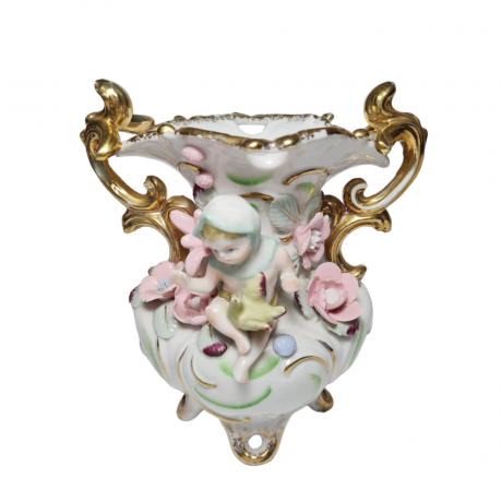 Bassano Im Still Ваза с декором из розовых цветов с позолоченными ручками, 14,5см x 14см, Италия, 1900гг.