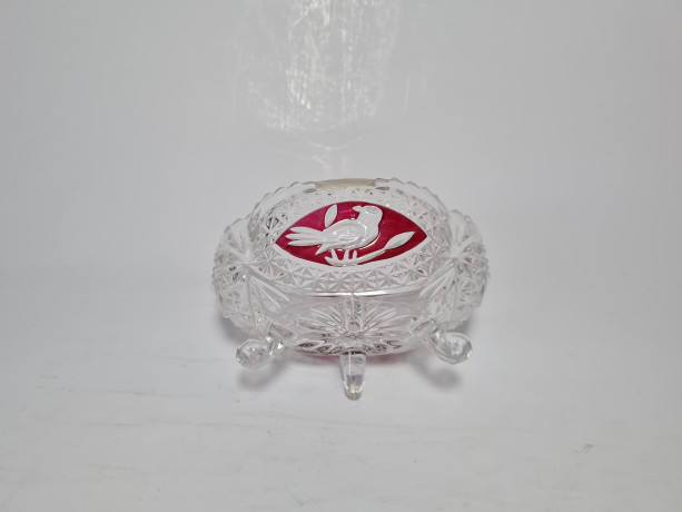 Салатница винтажная Hofbauer с изображением красной птицы, хрусталь, 12.5 х 7 см, Германия, 1960-70гг.