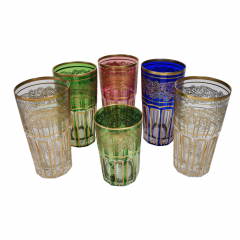 Стаканы винтажные Albena Morokko из цветного стекла с золотистым декором, 5 шт.х 13,5 см и 1 шт.х 10 см, Германия, 1960-70гг.